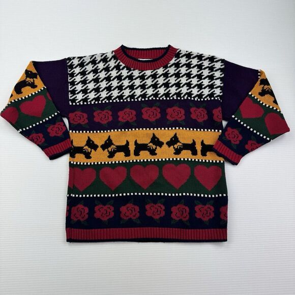 Vintage Knitwaves Sweater Scottie Dog Hearts Roses Houndstooth Size Medium USA - Picture 5 of 8